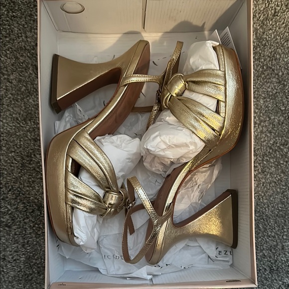 Anthropologie Gold Strappy Block Heel Sandals - Picture 3 of 7